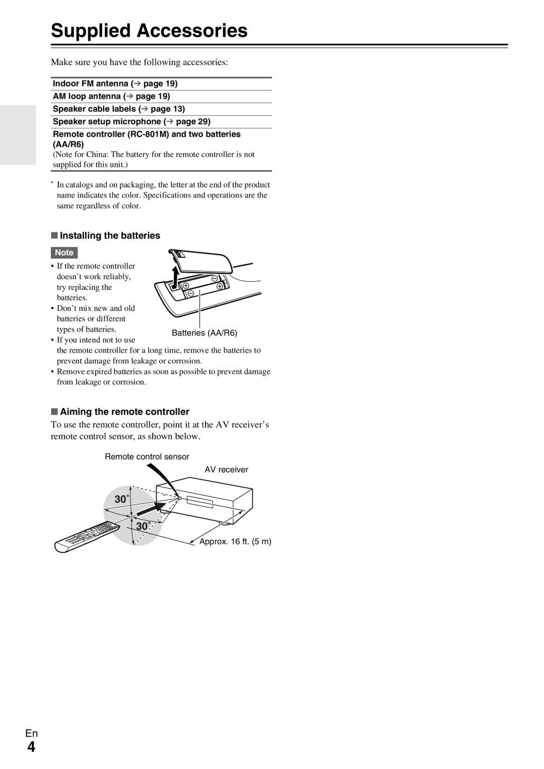 Onkyo HT-RC360 Supplied Accessories, Make sure you have the following accessories, Installing the batteries 