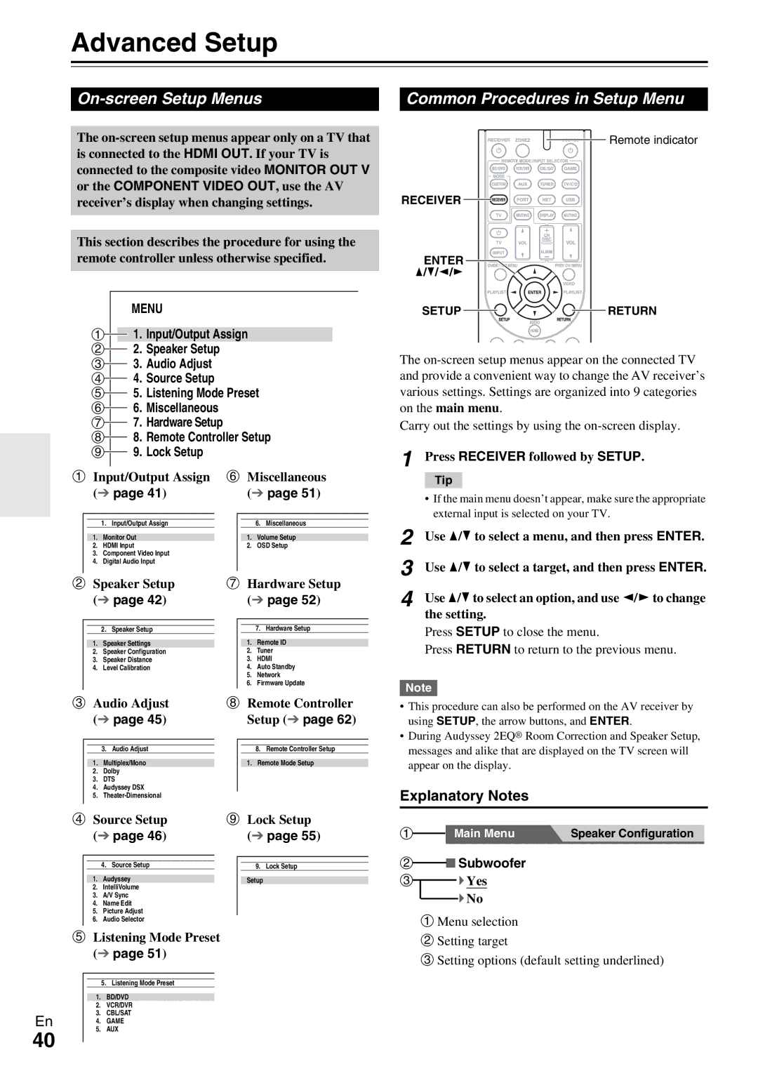 Onkyo HT-RC360 instruction manual Advanced Setup, On-screen Setup Menus, Common Procedures in Setup Menu, Explanatory Notes 