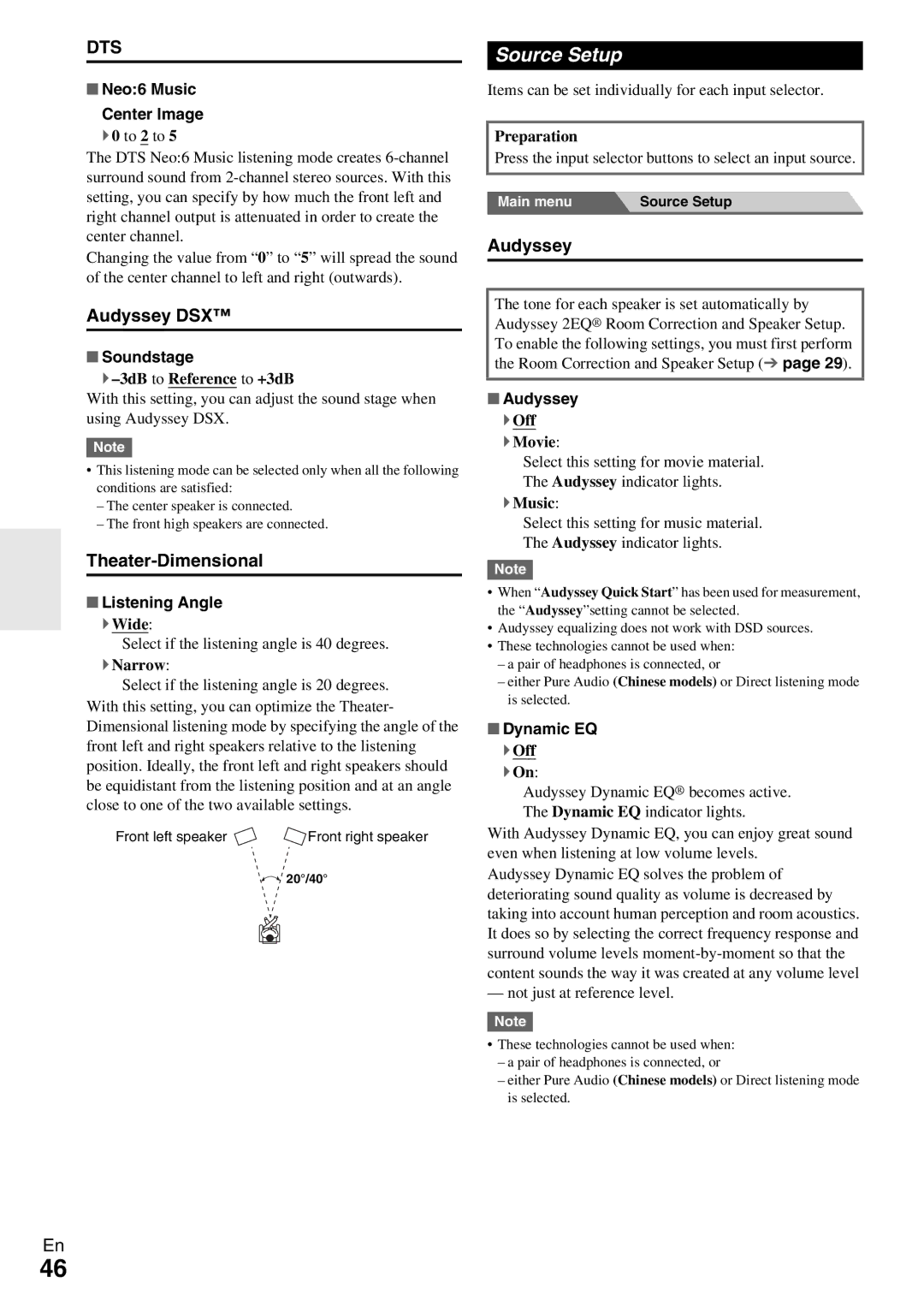 Onkyo HT-RC360 instruction manual Source Setup, Audyssey DSX, Theater-Dimensional 