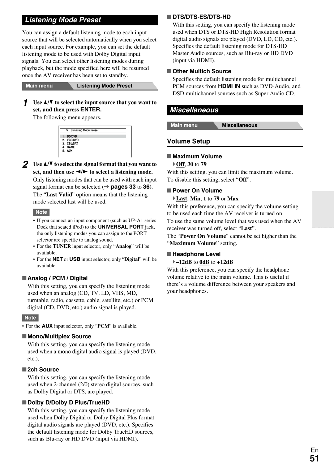 Onkyo HT-RC360 instruction manual Listening Mode Preset, Miscellaneous, Volume Setup, Dts/Dts-Es/Dts-Hd 