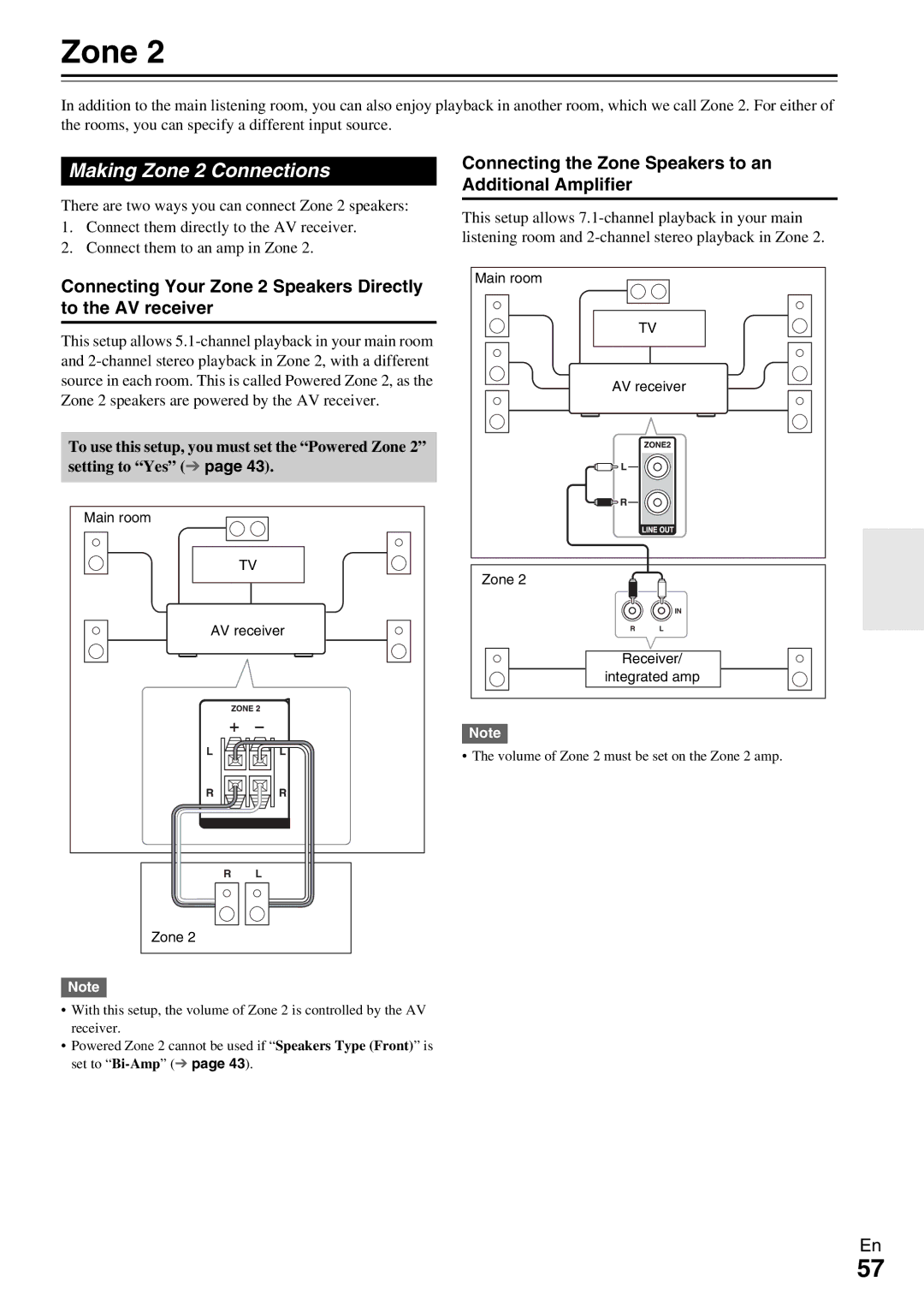 Onkyo HT-RC360 Making Zone 2 Connections, Connecting Your Zone 2 Speakers Directly to the AV receiver 