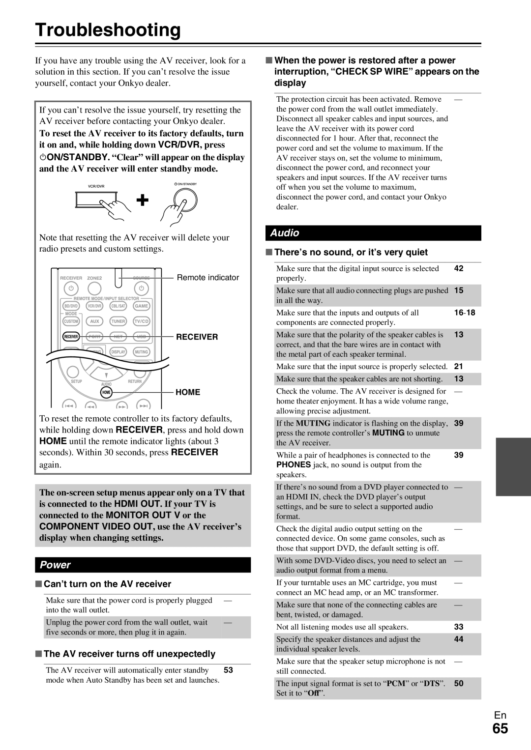 Onkyo HT-RC360 instruction manual Troubleshooting, Power, Audio 