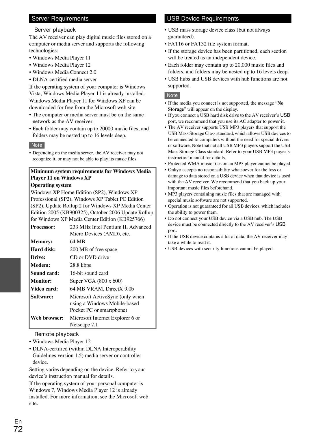 Onkyo HT-RC360 instruction manual Server Requirements, USB Device Requirements, Server playback, Remote playback 