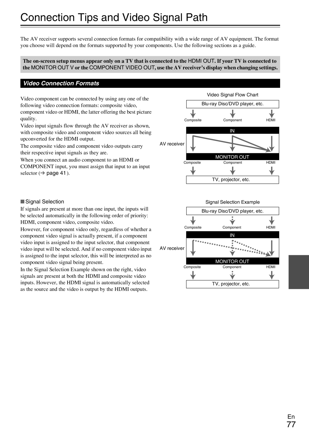 Onkyo HT-RC360 instruction manual Connection Tips and Video Signal Path, Video Connection Formats, Signal Selection 