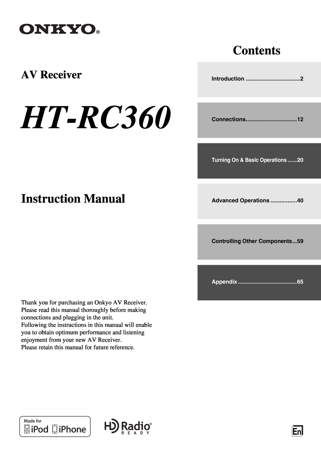 Onkyo HT-RC360 instruction manual Instruction Manual, Contents, AV Receiver 