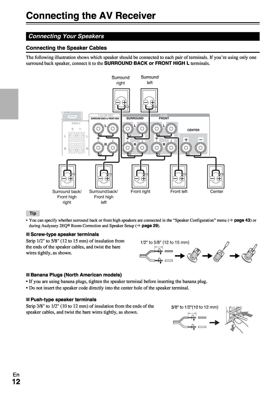Onkyo HT-RC360 instruction manual Connecting the AV Receiver, Connecting Your Speakers, Screw-typespeaker terminals 