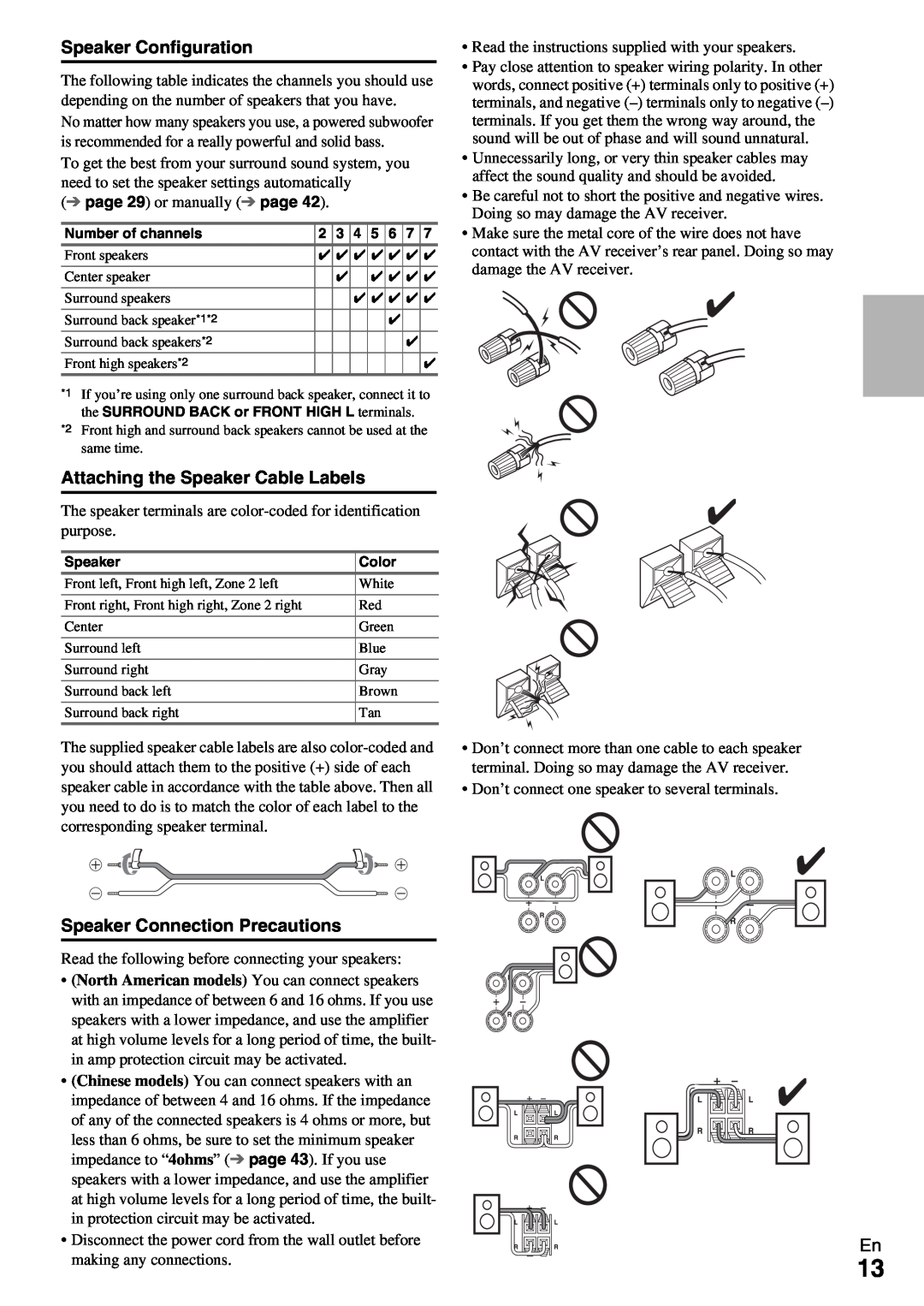 Onkyo HT-RC360 instruction manual Speaker Configuration, Attaching the Speaker Cable Labels, Speaker Connection Precautions 