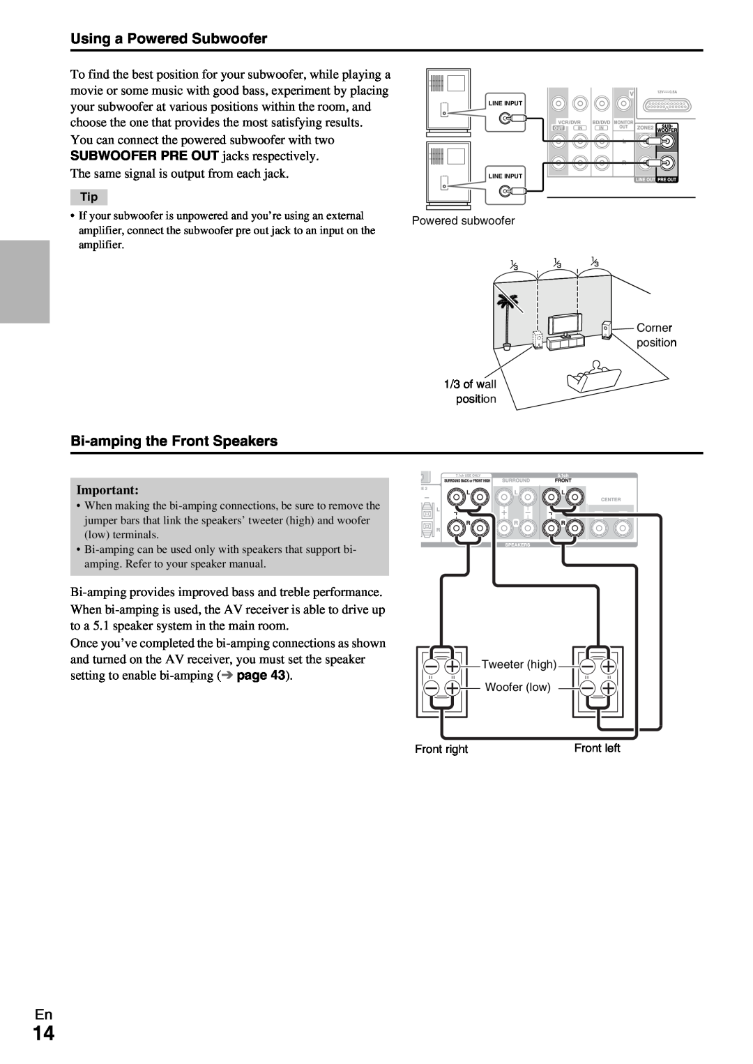 Onkyo HT-RC360 instruction manual Using a Powered Subwoofer, Bi-ampingthe Front Speakers 