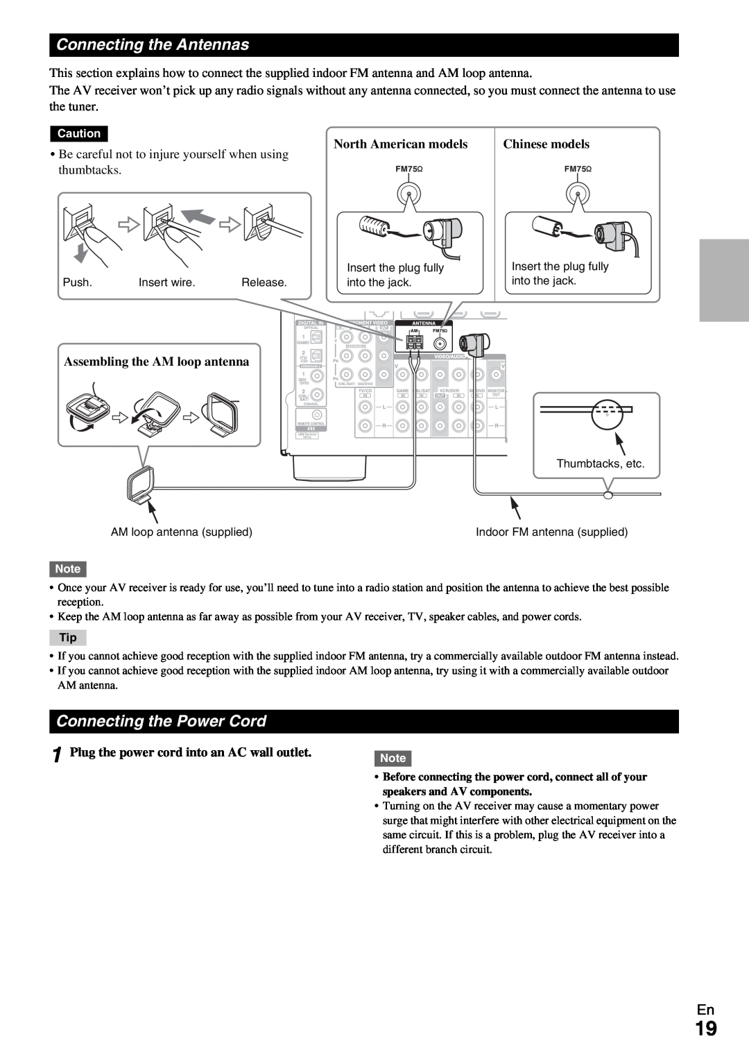 Onkyo HT-RC360 instruction manual Connecting the Antennas, Connecting the Power Cord, North American models, Chinese models 