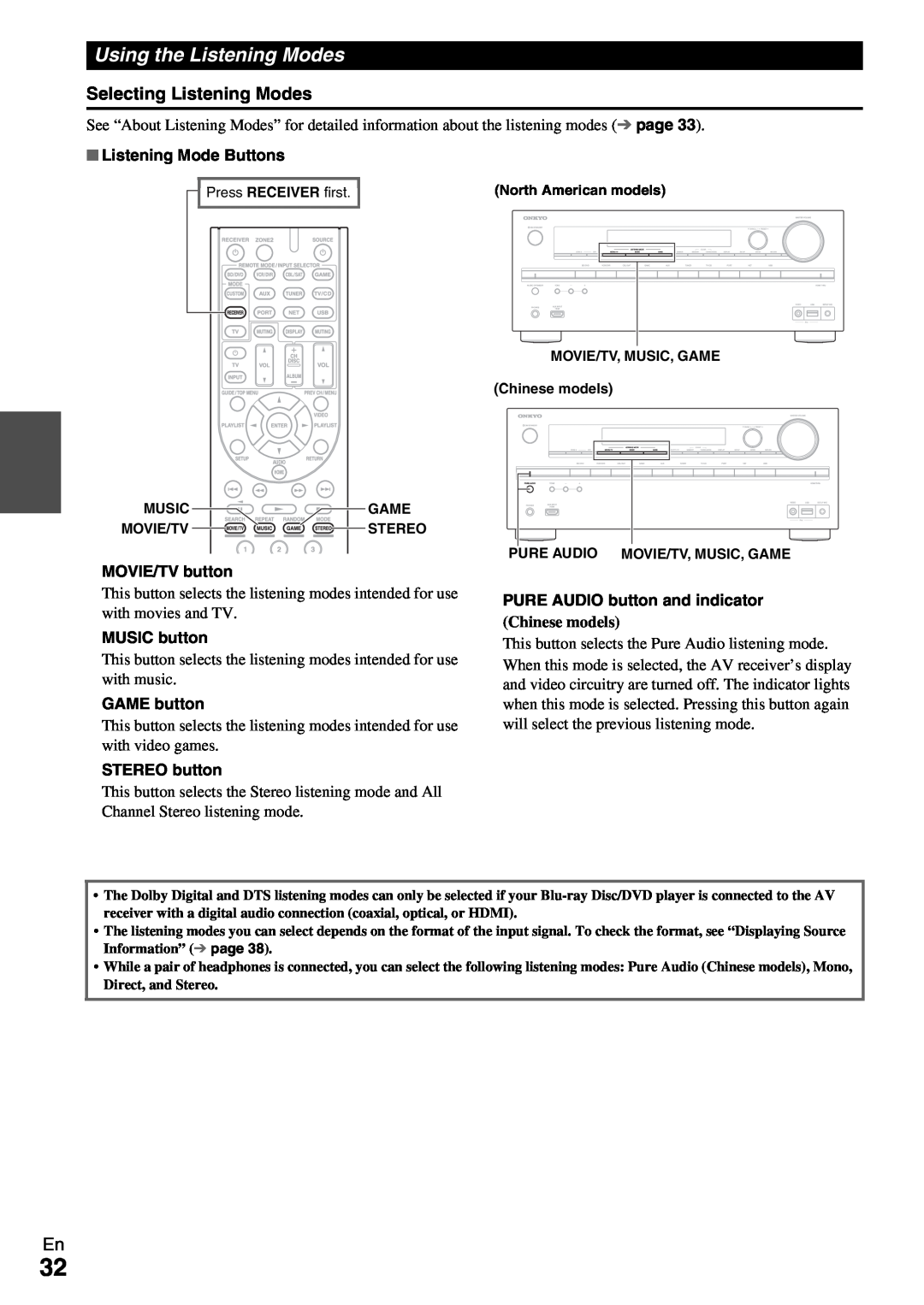 Onkyo HT-RC360 Using the Listening Modes, Listening Mode Buttons, MOVIE/TV button, MUSIC button, GAME button 