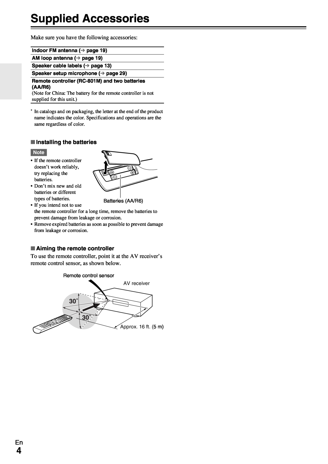 Onkyo HT-RC360 instruction manual Supplied Accessories, Installing the batteries, Aiming the remote controller 