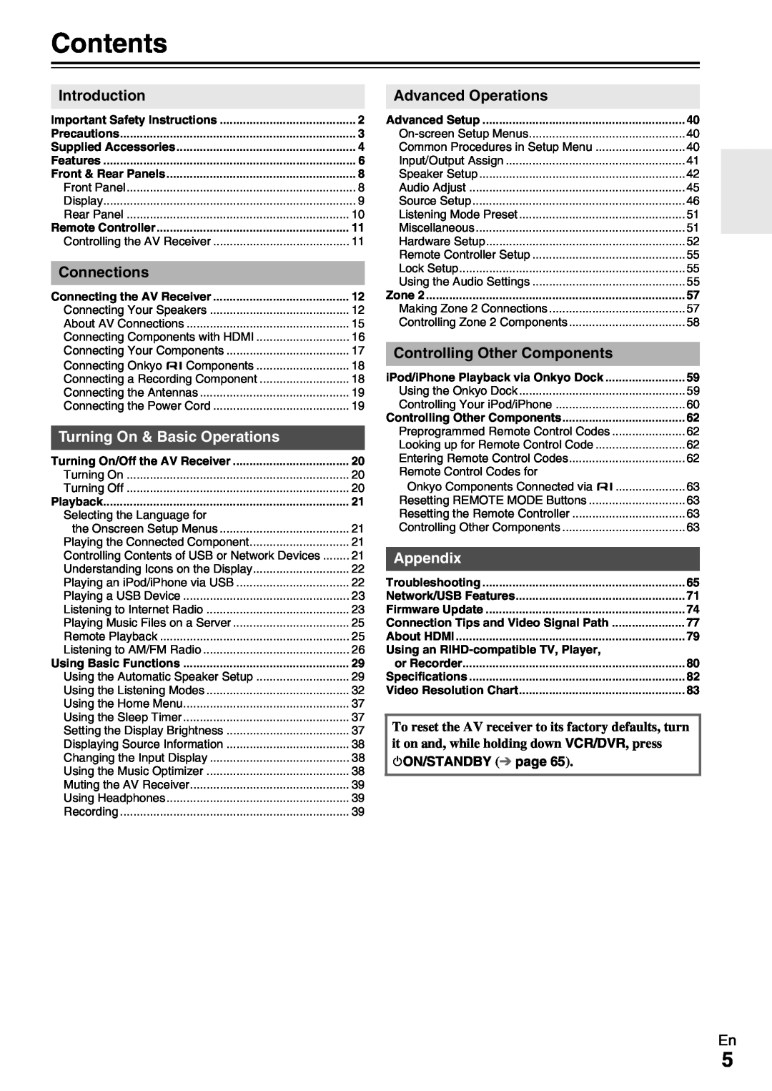 Onkyo HT-RC360 instruction manual Contents, Turning On & Basic Operations, Appendix, 8ON/STANDBY page 