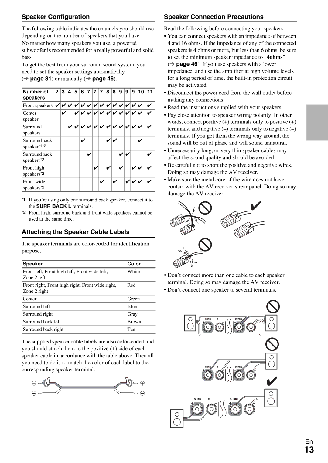 Onkyo HT-RC370 Speaker Configuration, Attaching the Speaker Cable Labels, Speaker Connection Precautions, Number Speakers 