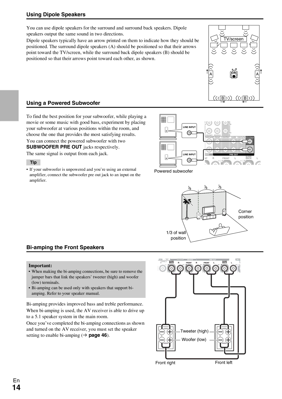 Onkyo HT-RC370 instruction manual Using Dipole Speakers, Using a Powered Subwoofer, Bi-amping the Front Speakers, Tip 