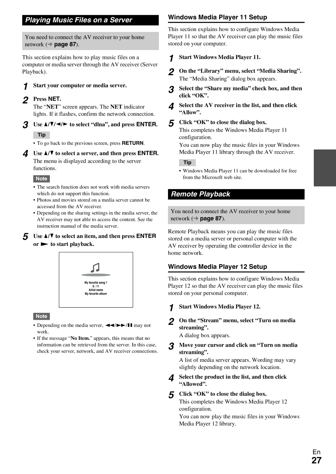 Onkyo HT-RC370 instruction manual Playing Music Files on a Server, Remote Playback, Windows Media Player 11 Setup 