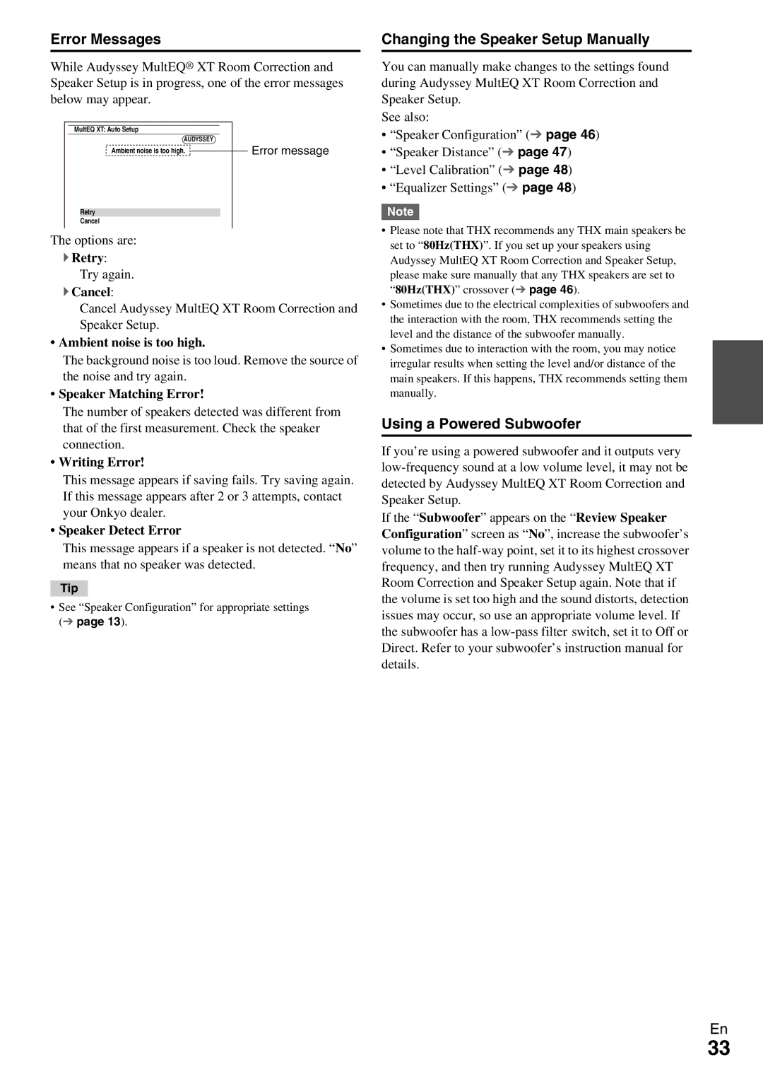 Onkyo HT-RC370 instruction manual Error Messages, Changing the Speaker Setup Manually 