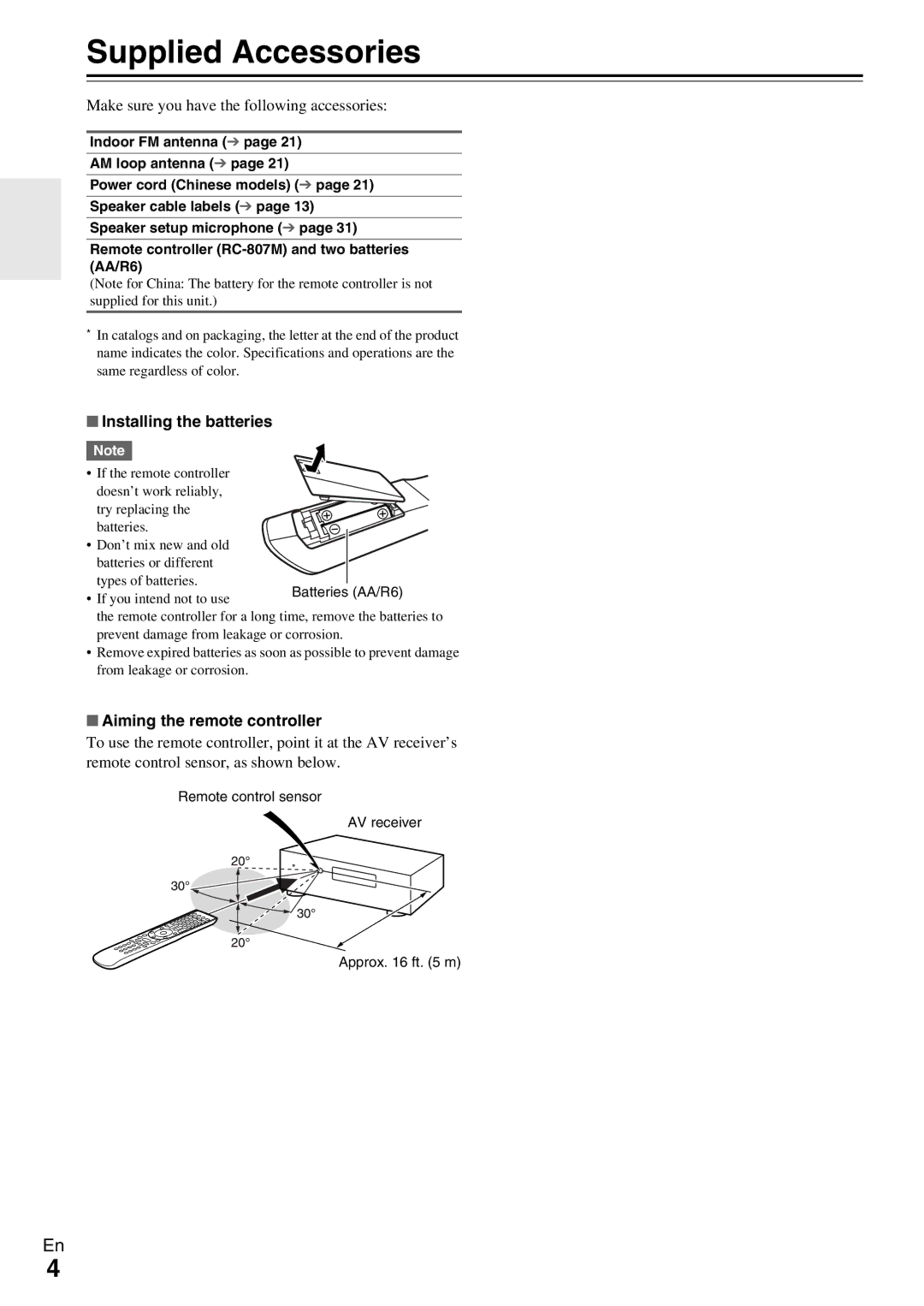 Onkyo HT-RC370 Supplied Accessories, Make sure you have the following accessories, Installing the batteries 