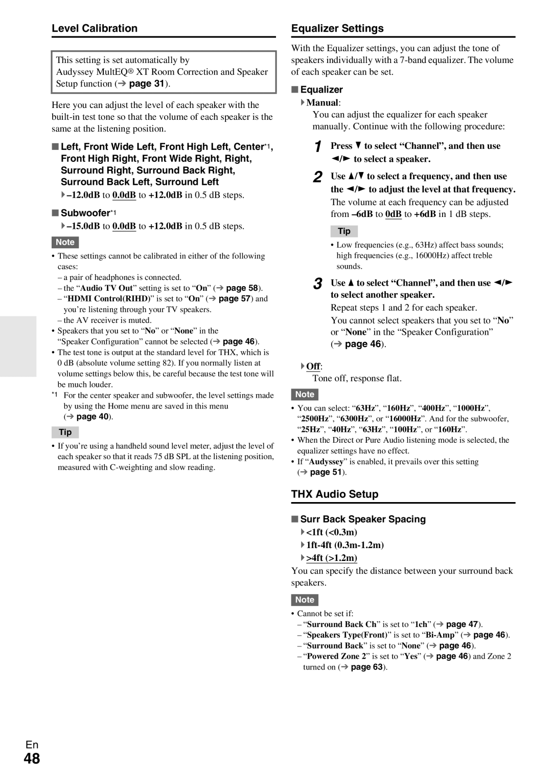 Onkyo HT-RC370 instruction manual Level Calibration, Equalizer Settings, THX Audio Setup 