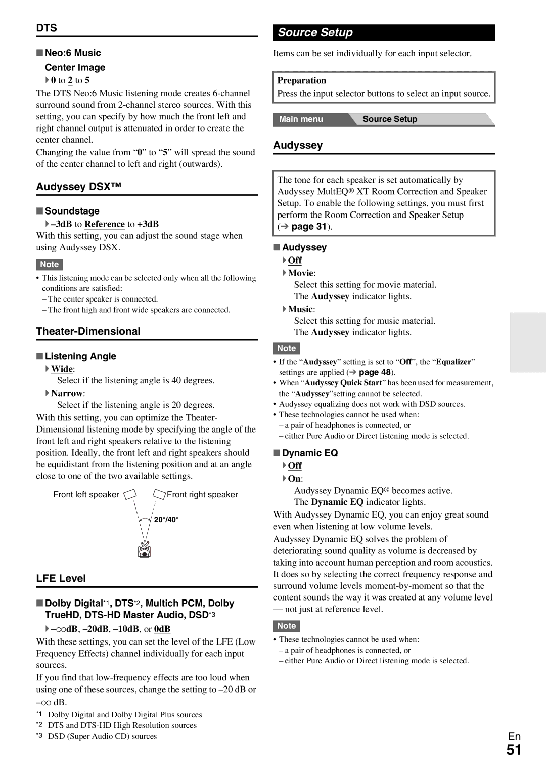 Onkyo HT-RC370 instruction manual Source Setup, Audyssey DSX, Theater-Dimensional, LFE Level 