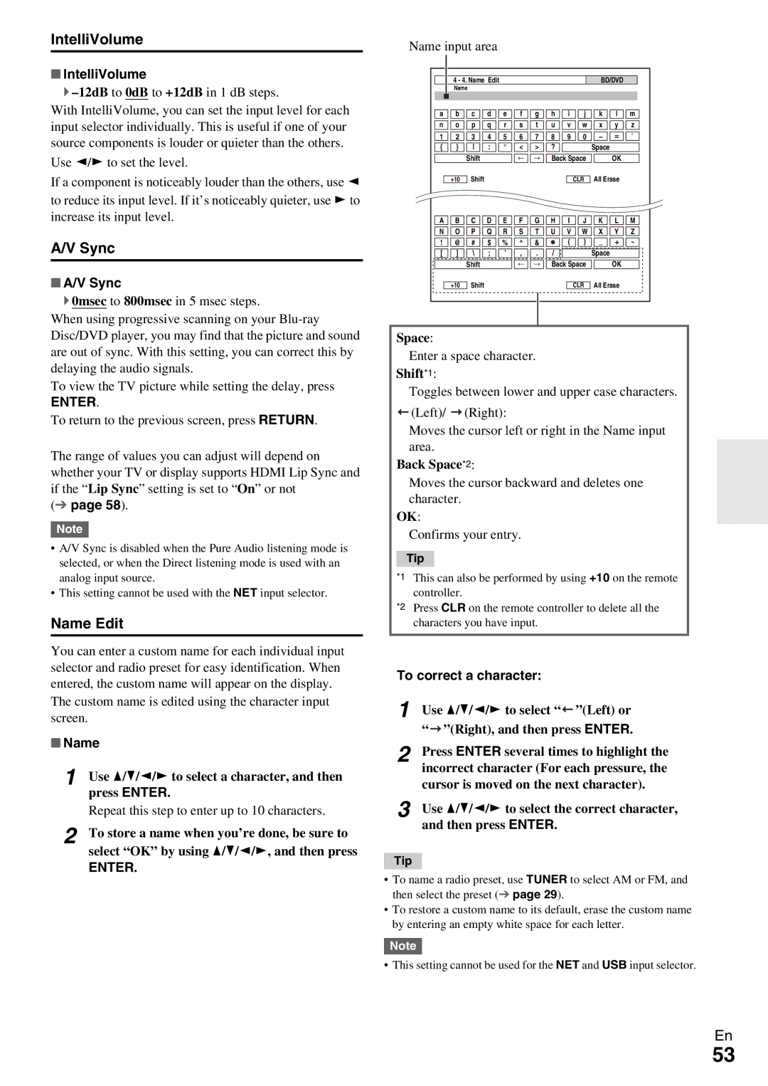 Onkyo HT-RC370 instruction manual IntelliVolume, Sync, Name Edit 