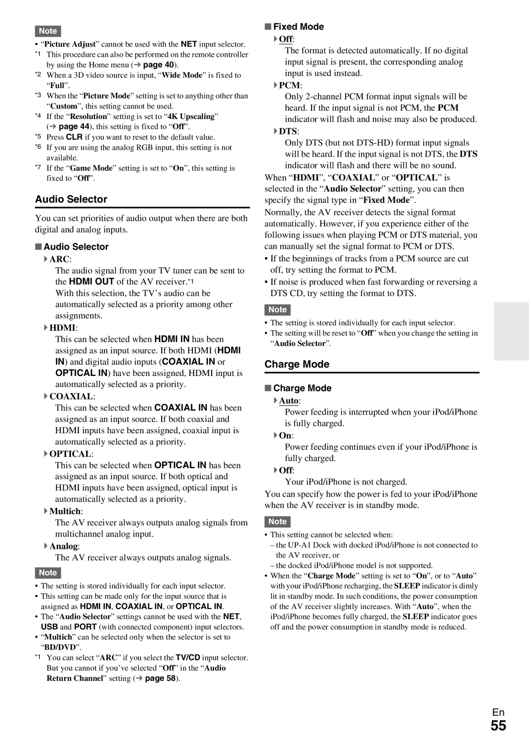 Onkyo HT-RC370 instruction manual Audio Selector, Charge Mode, Fixed Mode 