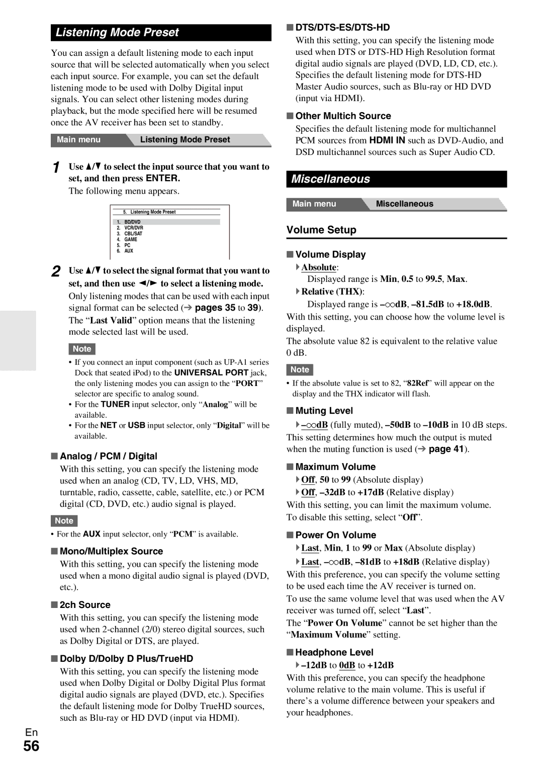 Onkyo HT-RC370 instruction manual Listening Mode Preset, Miscellaneous, Volume Setup, Dts/Dts-Es/Dts-Hd 