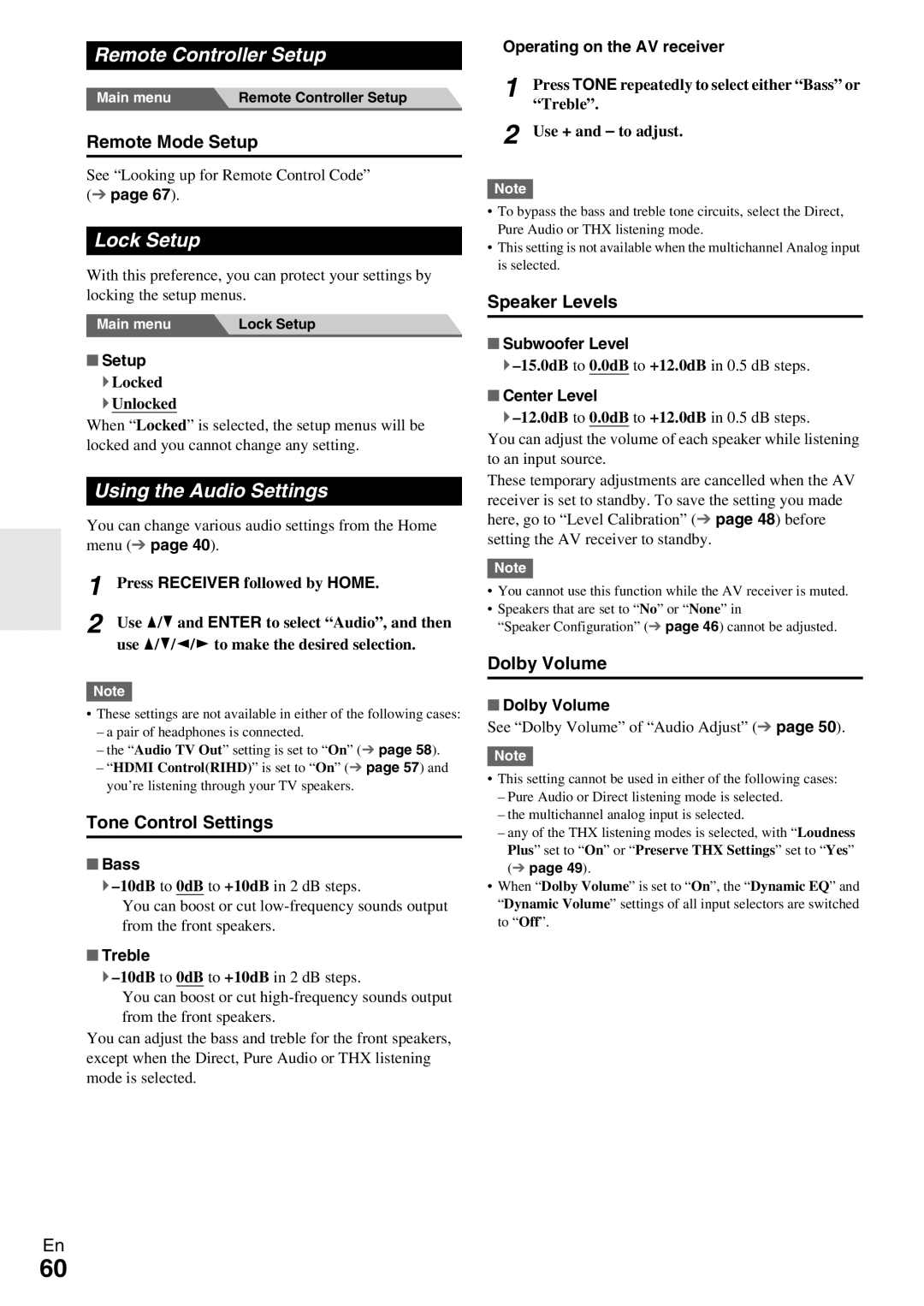 Onkyo HT-RC370 instruction manual Remote Controller Setup, Lock Setup, Using the Audio Settings 