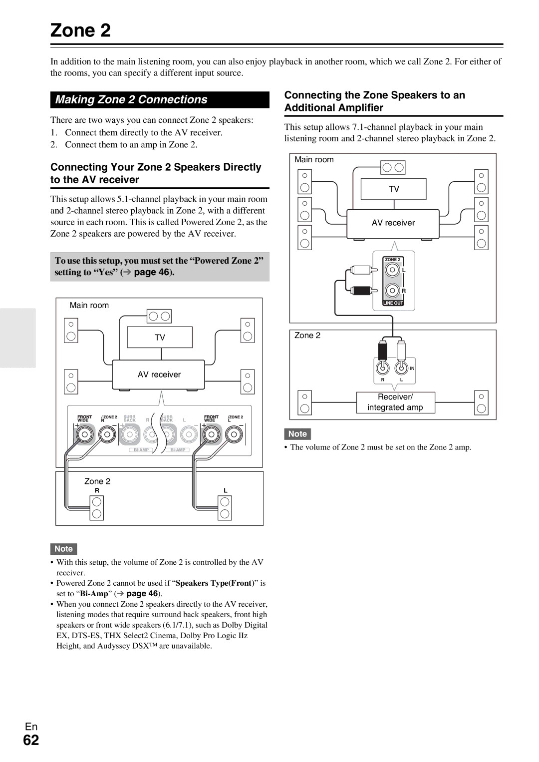 Onkyo HT-RC370 Making Zone 2 Connections, Connecting Your Zone 2 Speakers Directly to the AV receiver 