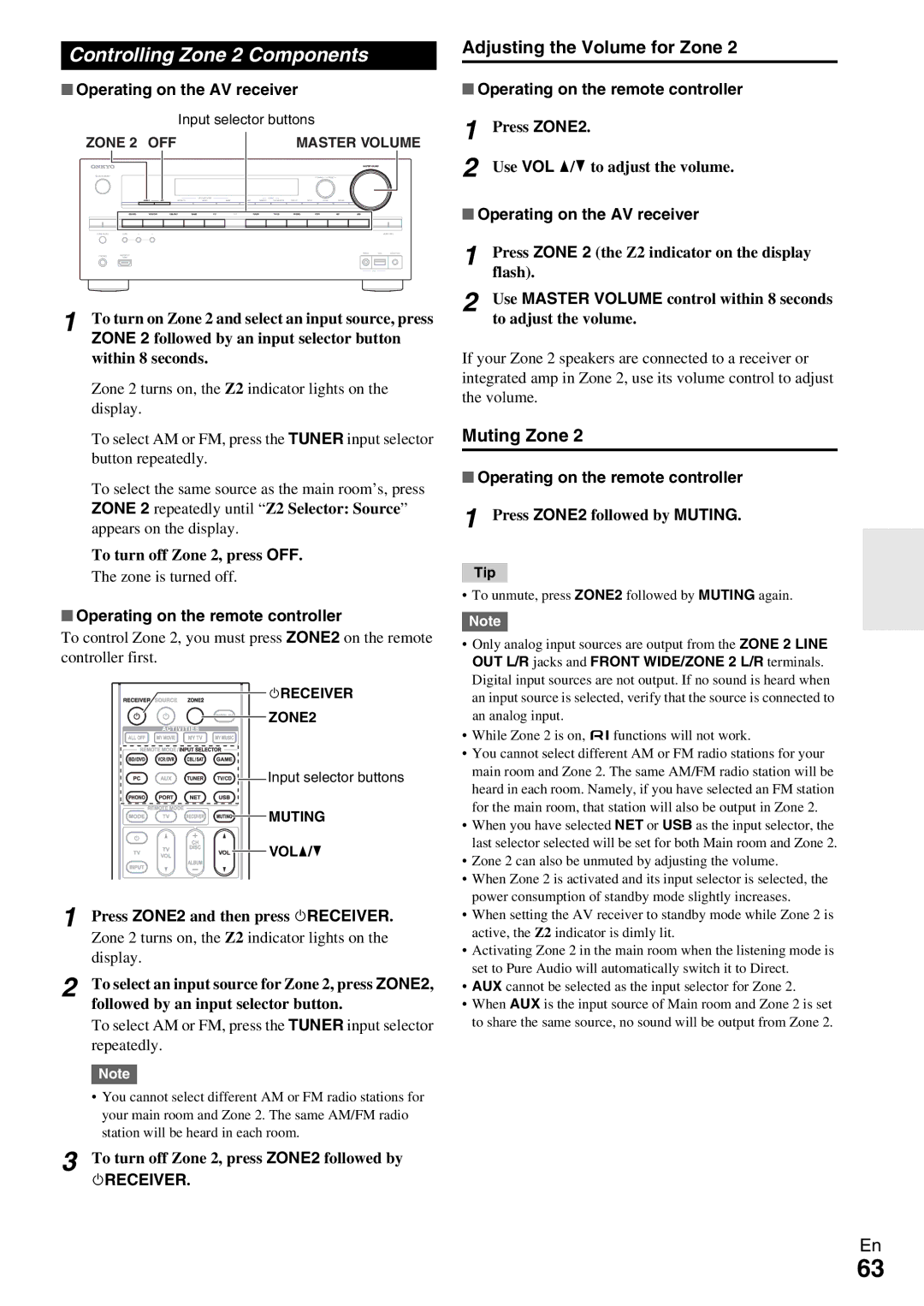 Onkyo HT-RC370 instruction manual Controlling Zone 2 Components, Adjusting the Volume for Zone, Muting Zone 