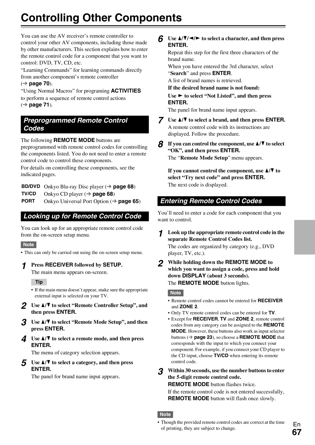 Onkyo HT-RC370 Controlling Other Components, Preprogrammed Remote Control Codes, Looking up for Remote Control Code 