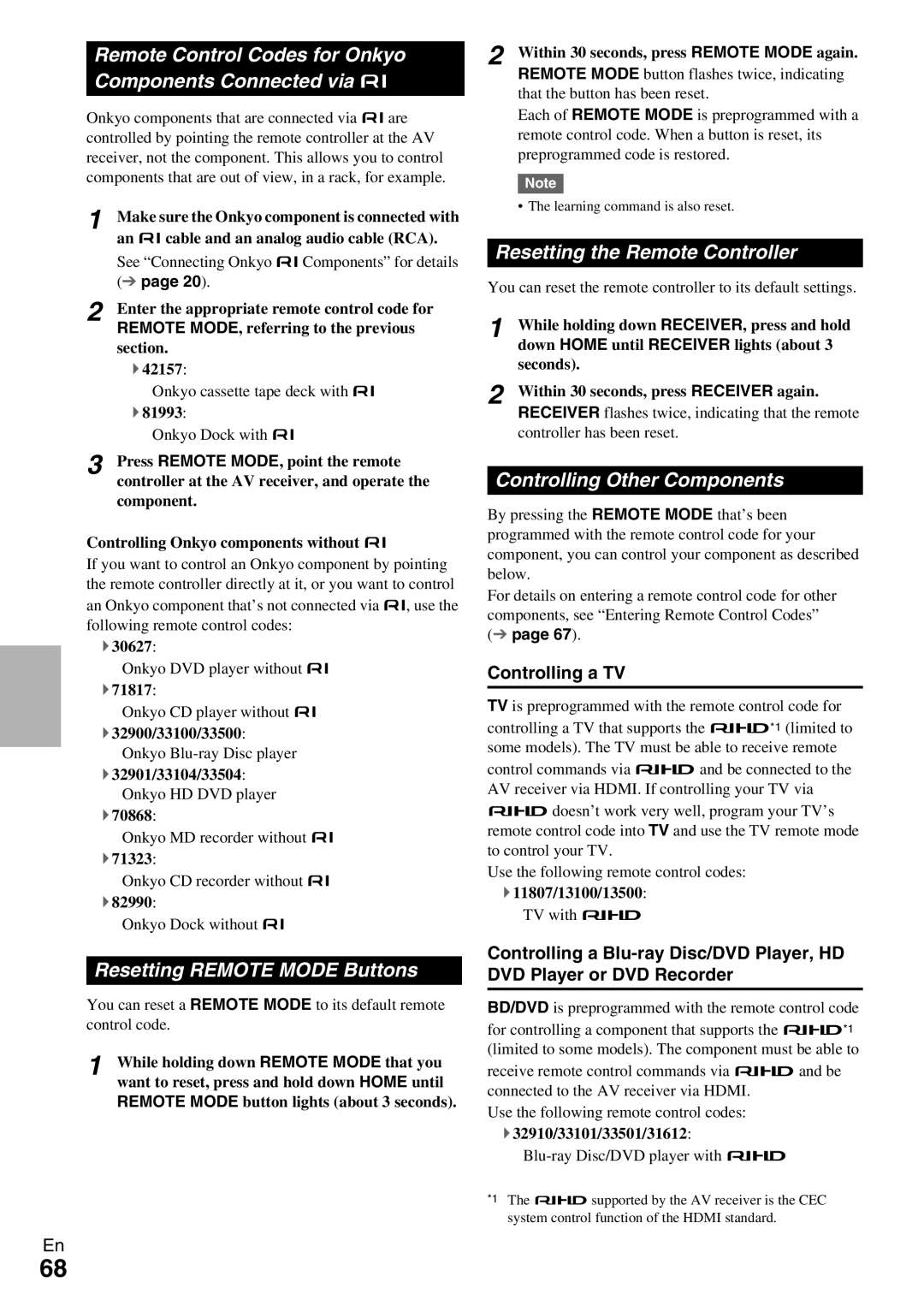 Onkyo HT-RC370 Remote Control Codes for Onkyo Components Connected via u, Resetting Remote Mode Buttons, Controlling a TV 