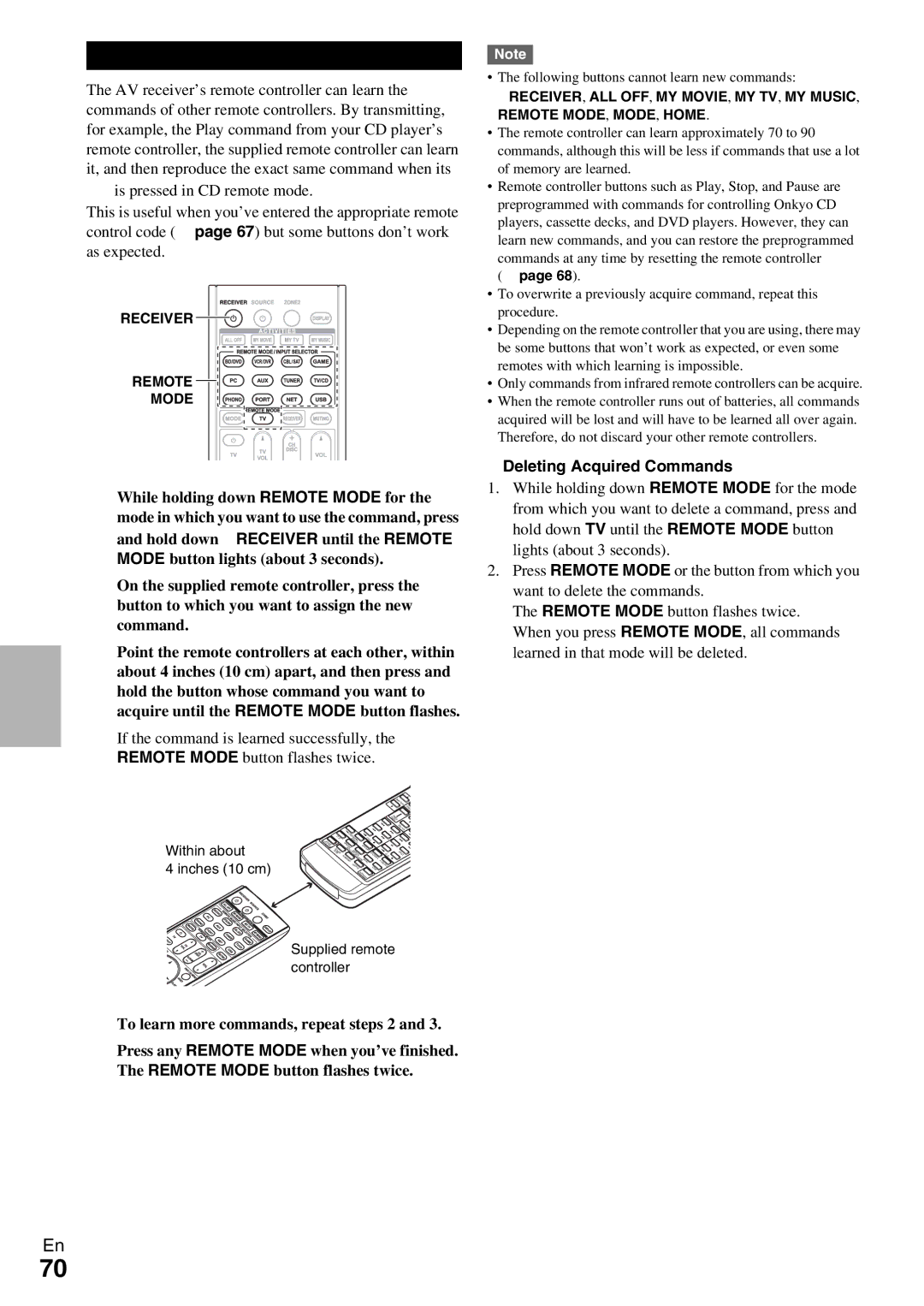 Onkyo HT-RC370 Learning Commands, Deleting Acquired Commands, Remote, Following buttons cannot learn new commands 