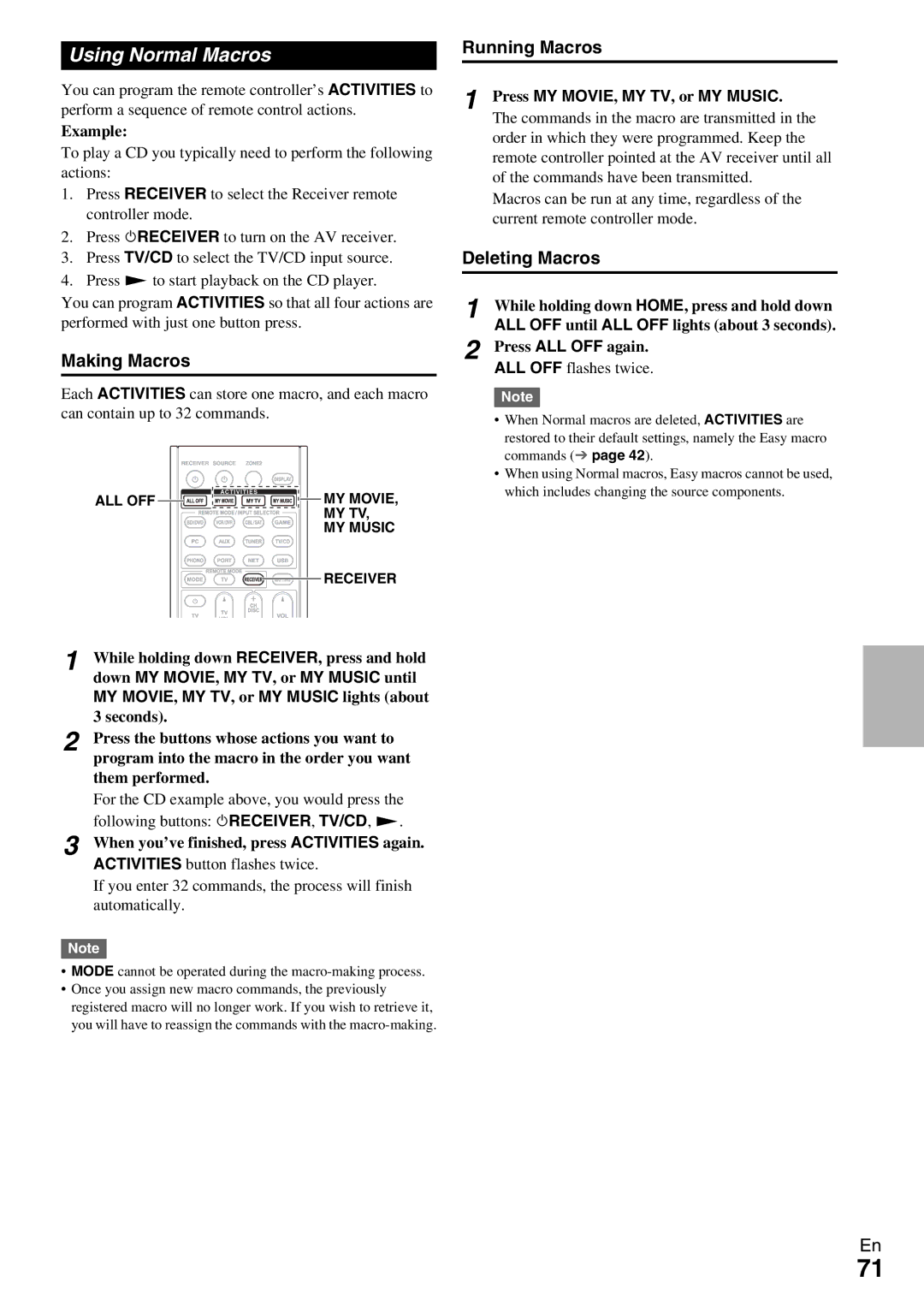 Onkyo HT-RC370 instruction manual Using Normal Macros, Making Macros, Running Macros, Deleting Macros 