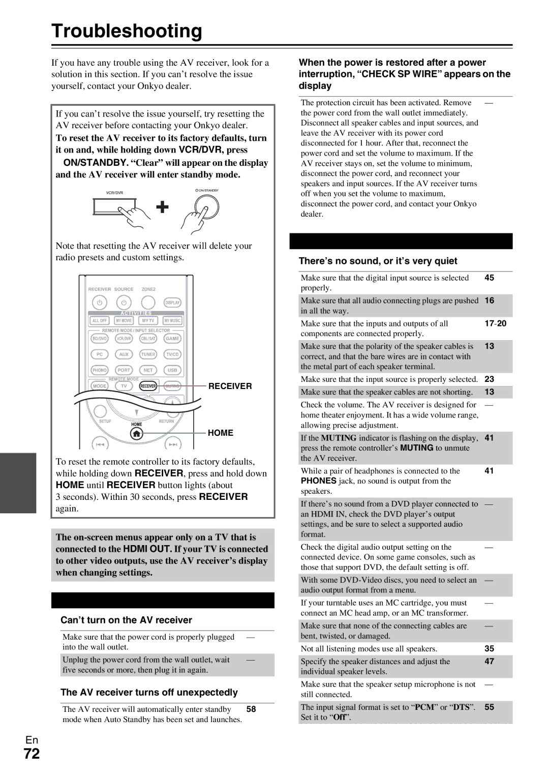 Onkyo HT-RC370 instruction manual Troubleshooting, Power, Audio 