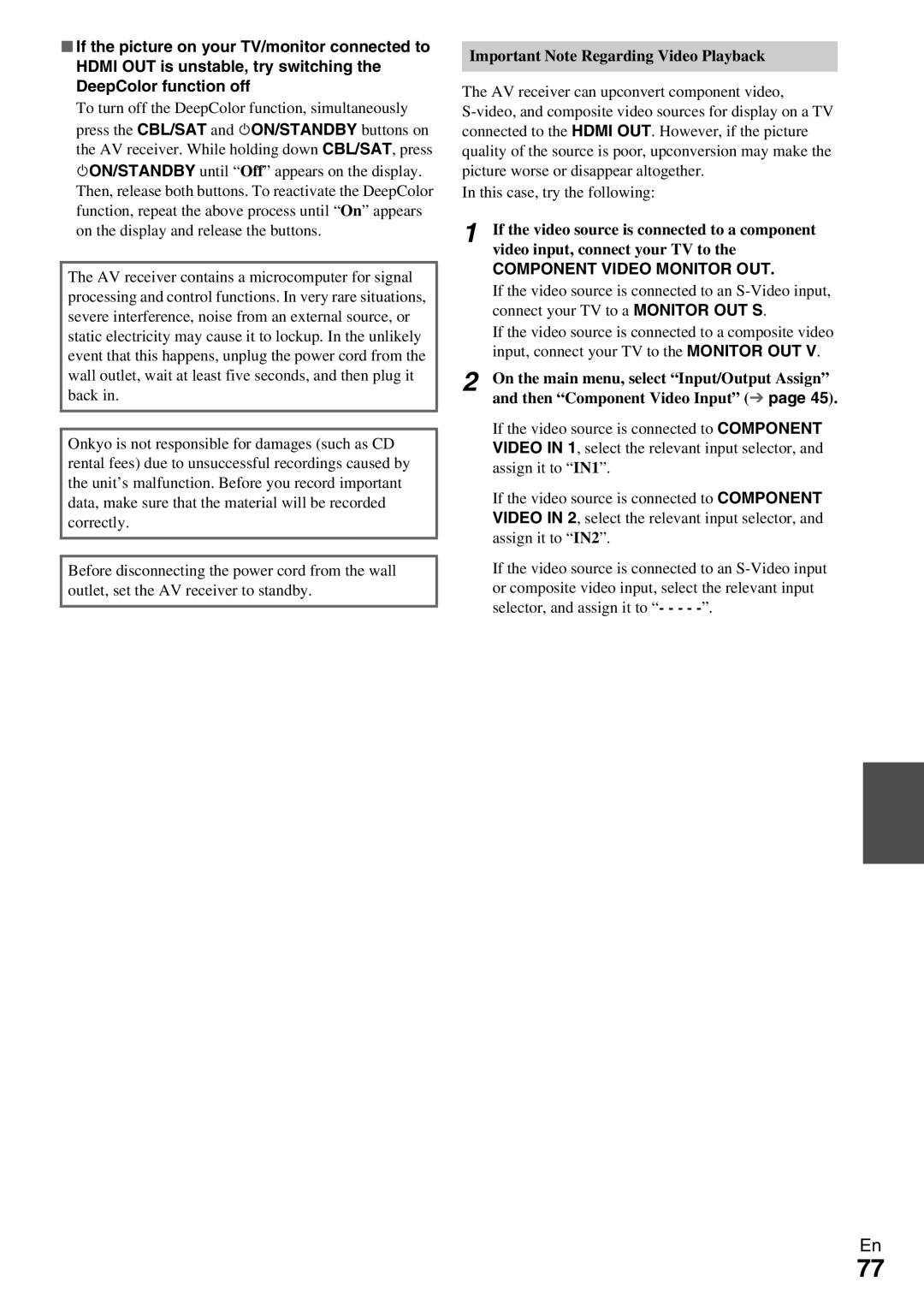 Onkyo HT-RC370 instruction manual Important Note Regarding Video Playback, Component Video Monitor OUT 