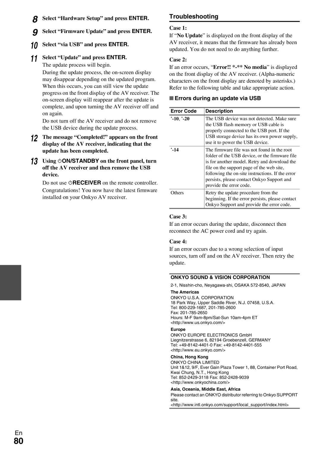 Onkyo HT-RC370 instruction manual Errors during an update via USB, Onkyo Sound & Vision Corporation 