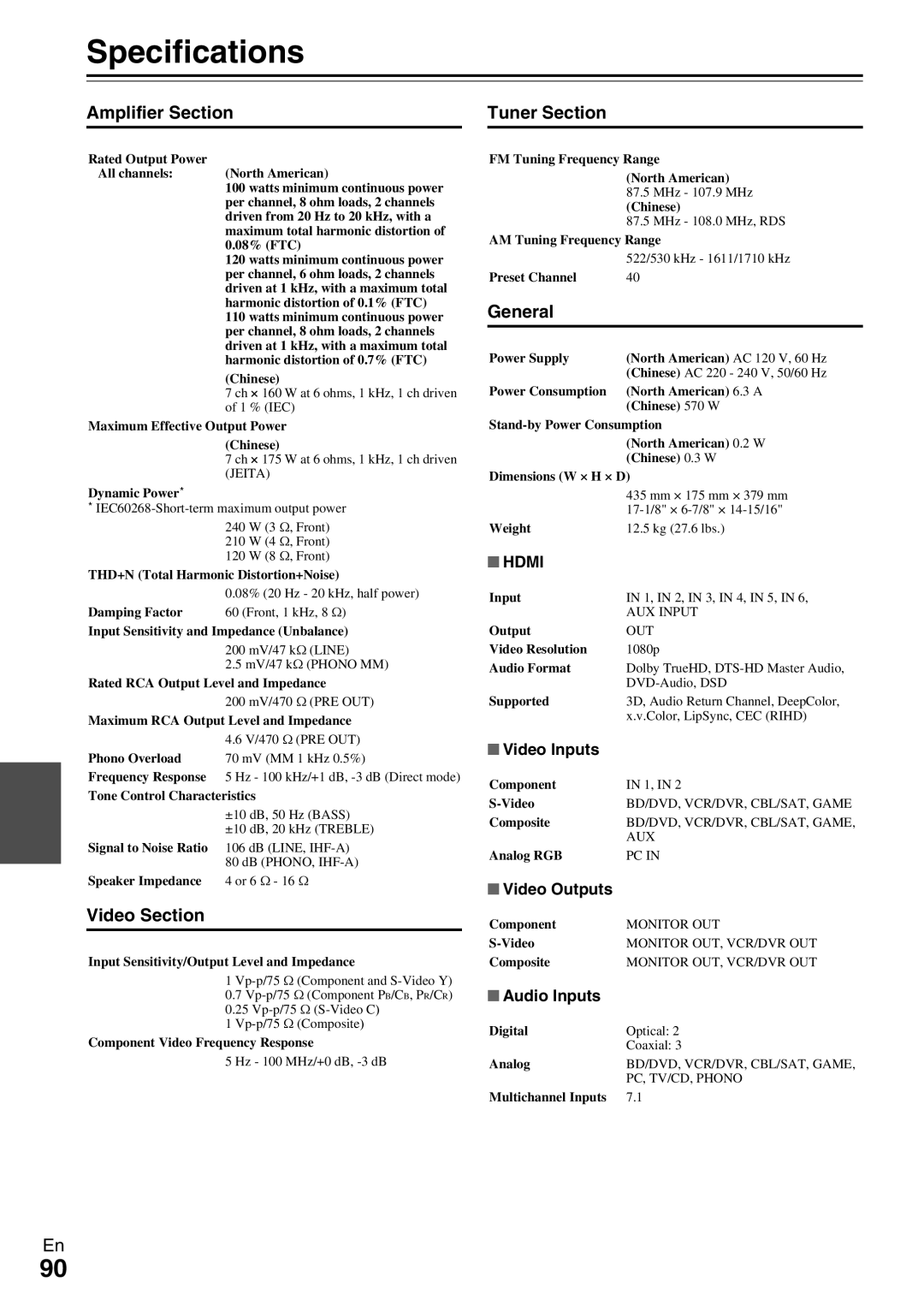 Onkyo HT-RC370 instruction manual Specifications, Amplifier Section Tuner Section, Video Section, General, Hdmi 