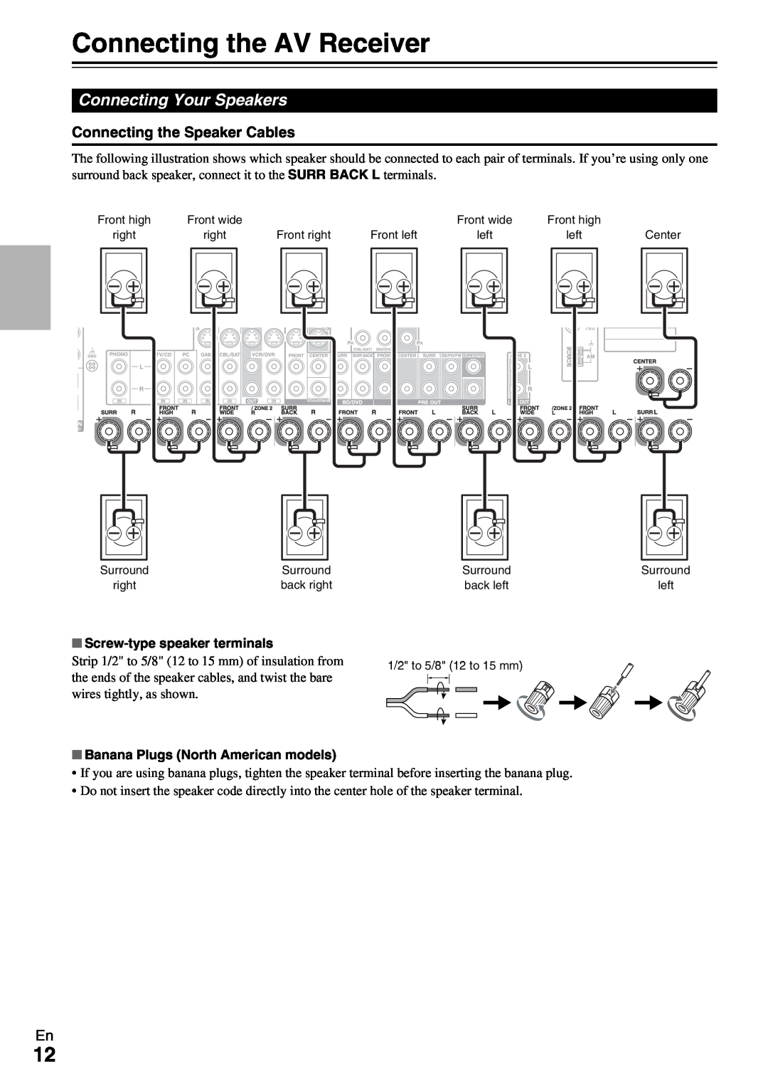 Onkyo HT-RC370 instruction manual Connecting the AV Receiver, Connecting Your Speakers, Screw-typespeaker terminals 