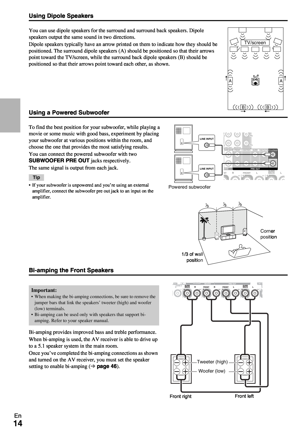 Onkyo HT-RC370 instruction manual Using Dipole Speakers, Using a Powered Subwoofer, Bi-ampingthe Front Speakers 