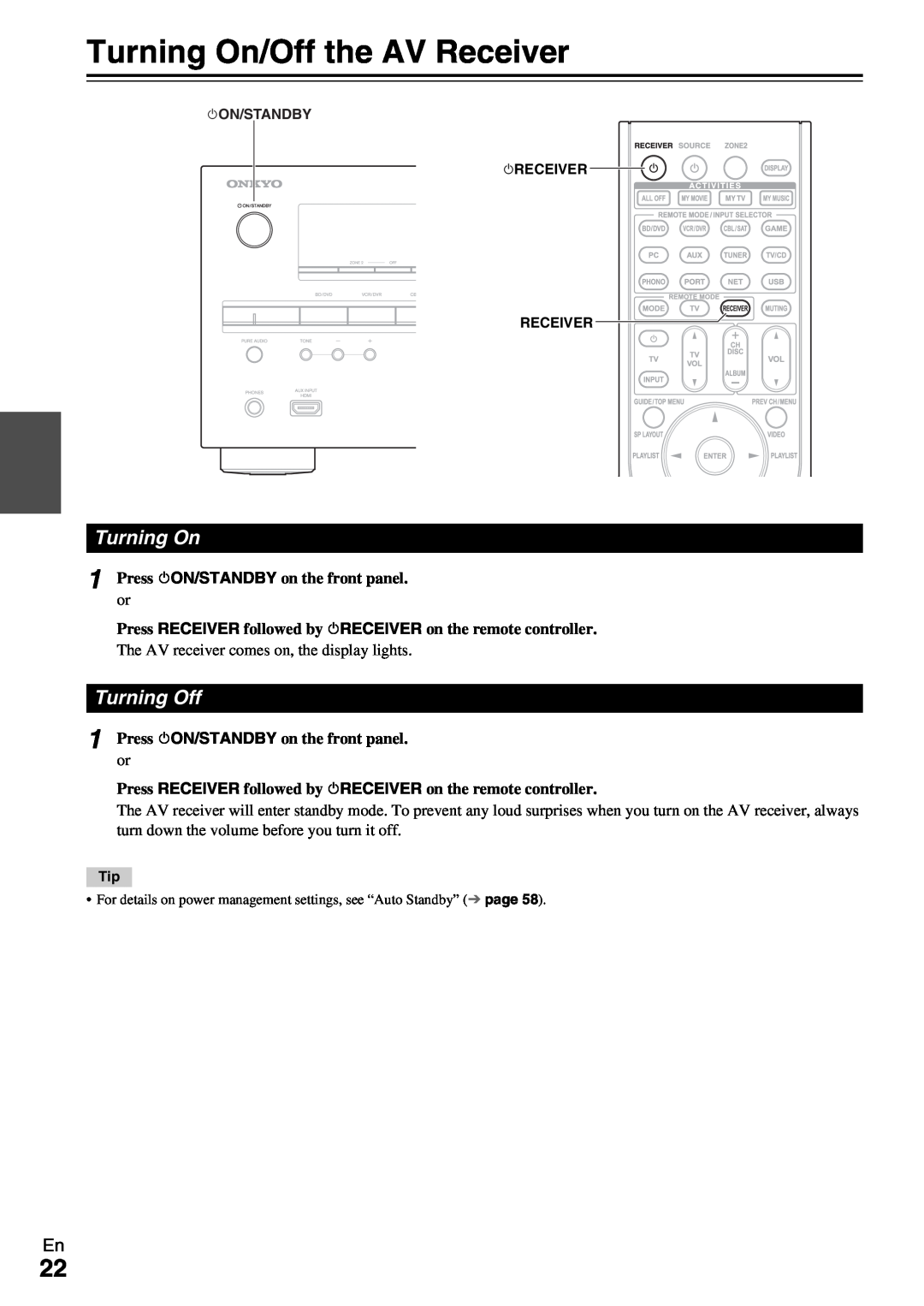 Onkyo HT-RC370 instruction manual Turning On/Off the AV Receiver, Turning Off 