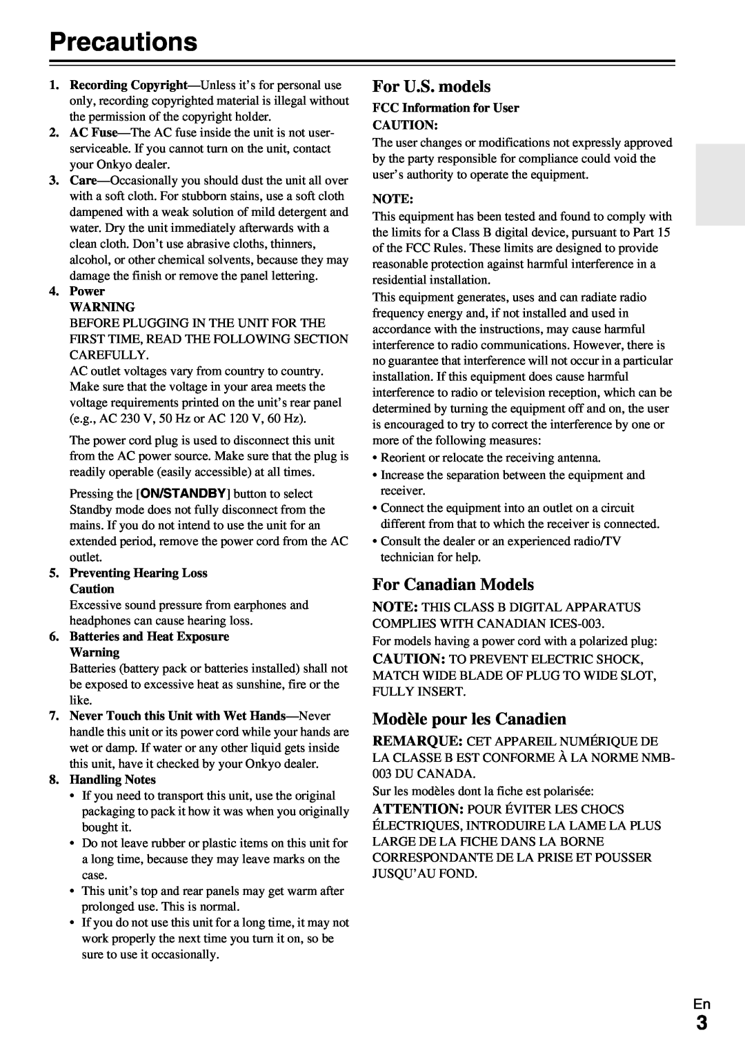 Onkyo HT-RC370 instruction manual Precautions, For U.S. models, For Canadian Models, Modèle pour les Canadien 