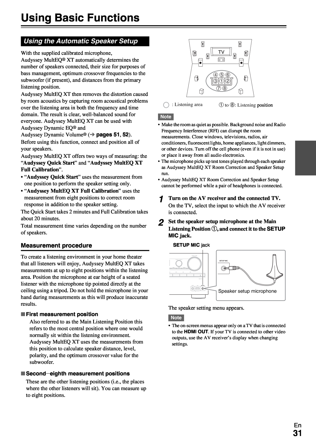 Onkyo HT-RC370 instruction manual Using Basic Functions, Using the Automatic Speaker Setup, First measurement position 