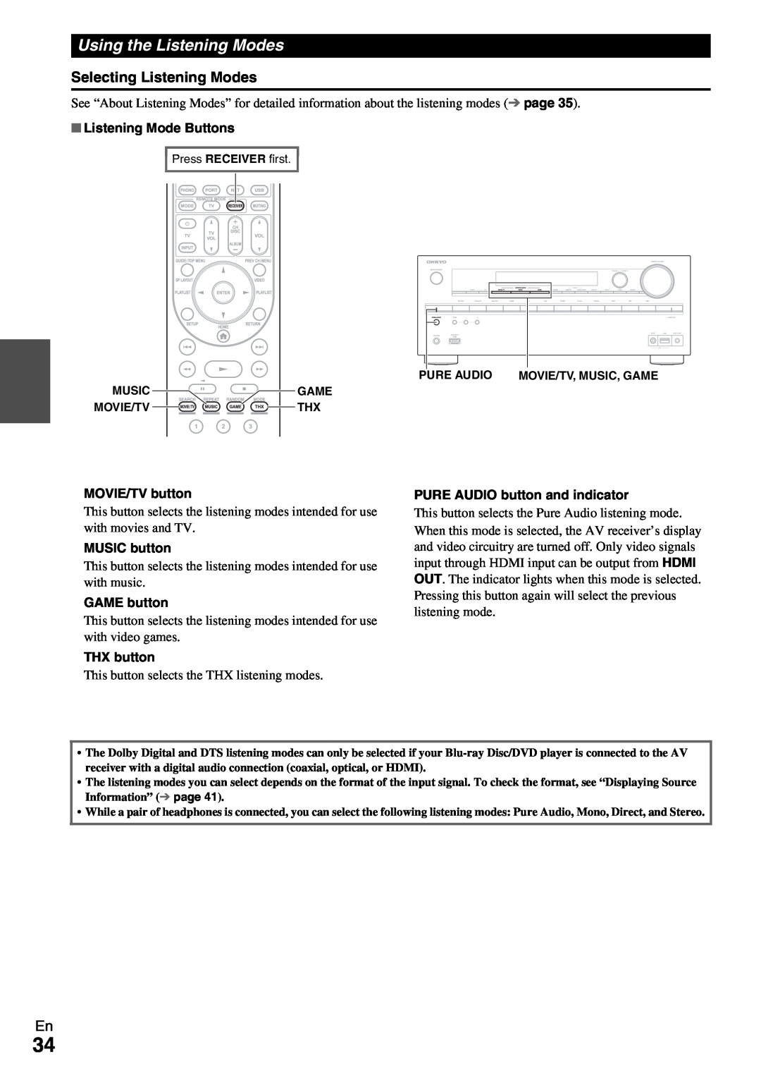 Onkyo HT-RC370 Using the Listening Modes, Listening Mode Buttons, MOVIE/TV button, MUSIC button, GAME button, THX button 
