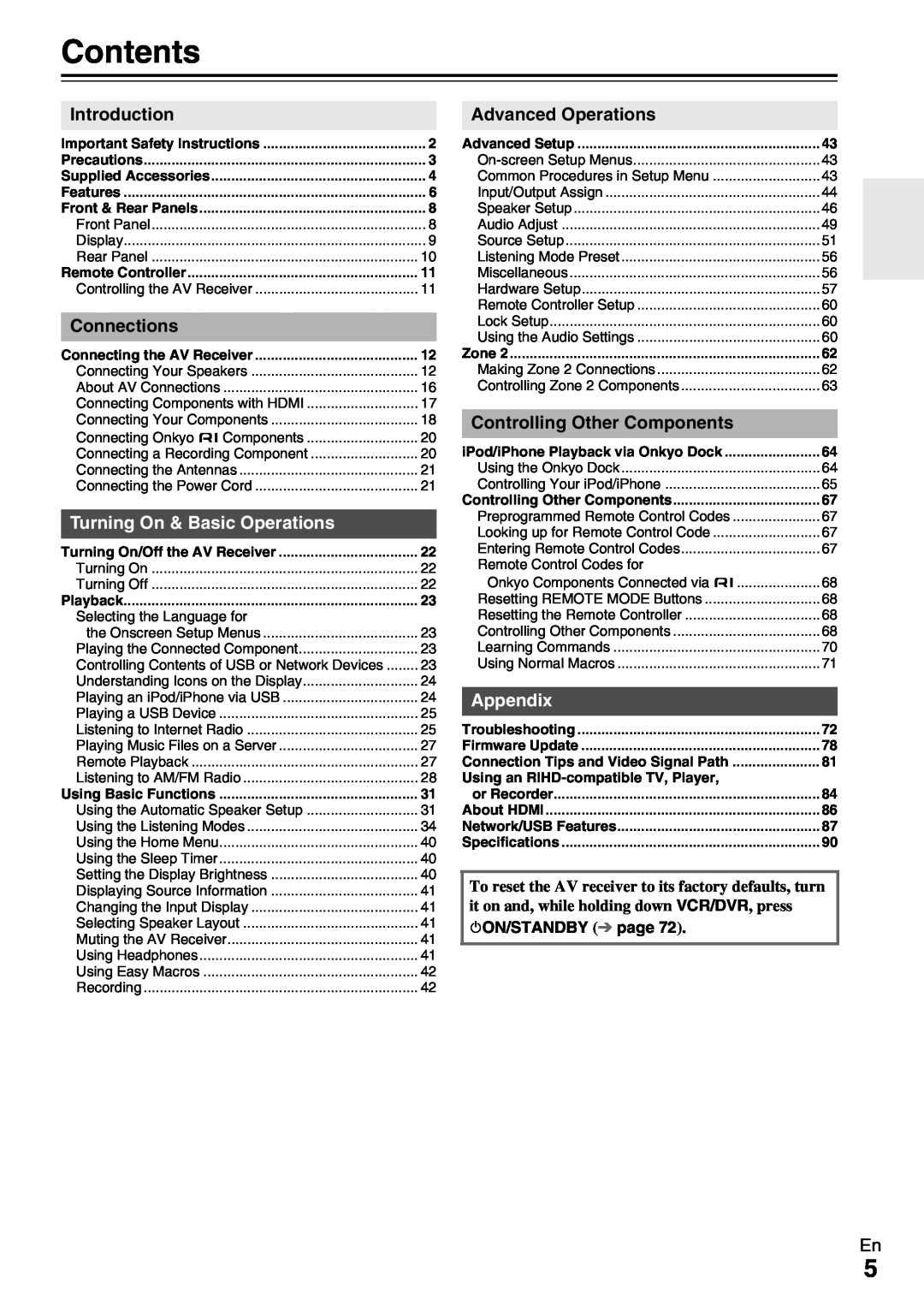 Onkyo HT-RC370 instruction manual Contents, Turning On & Basic Operations, Appendix, 8ON/STANDBY page 