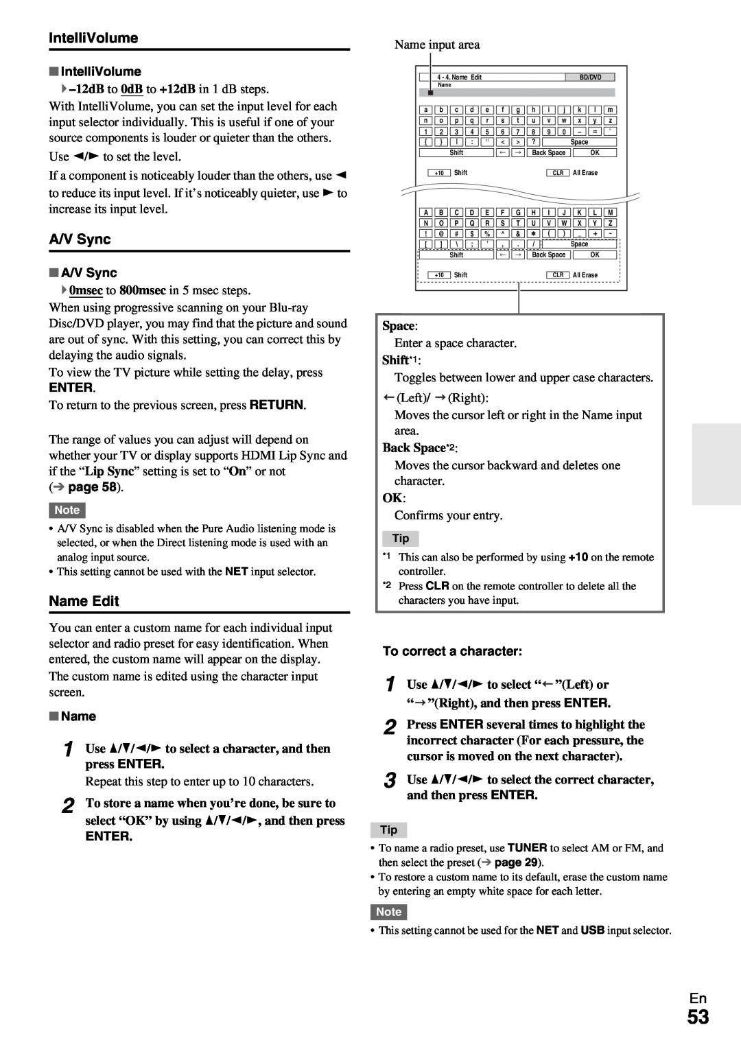 Onkyo HT-RC370 instruction manual IntelliVolume, A/V Sync, Enter, page, Name, To correct a character 