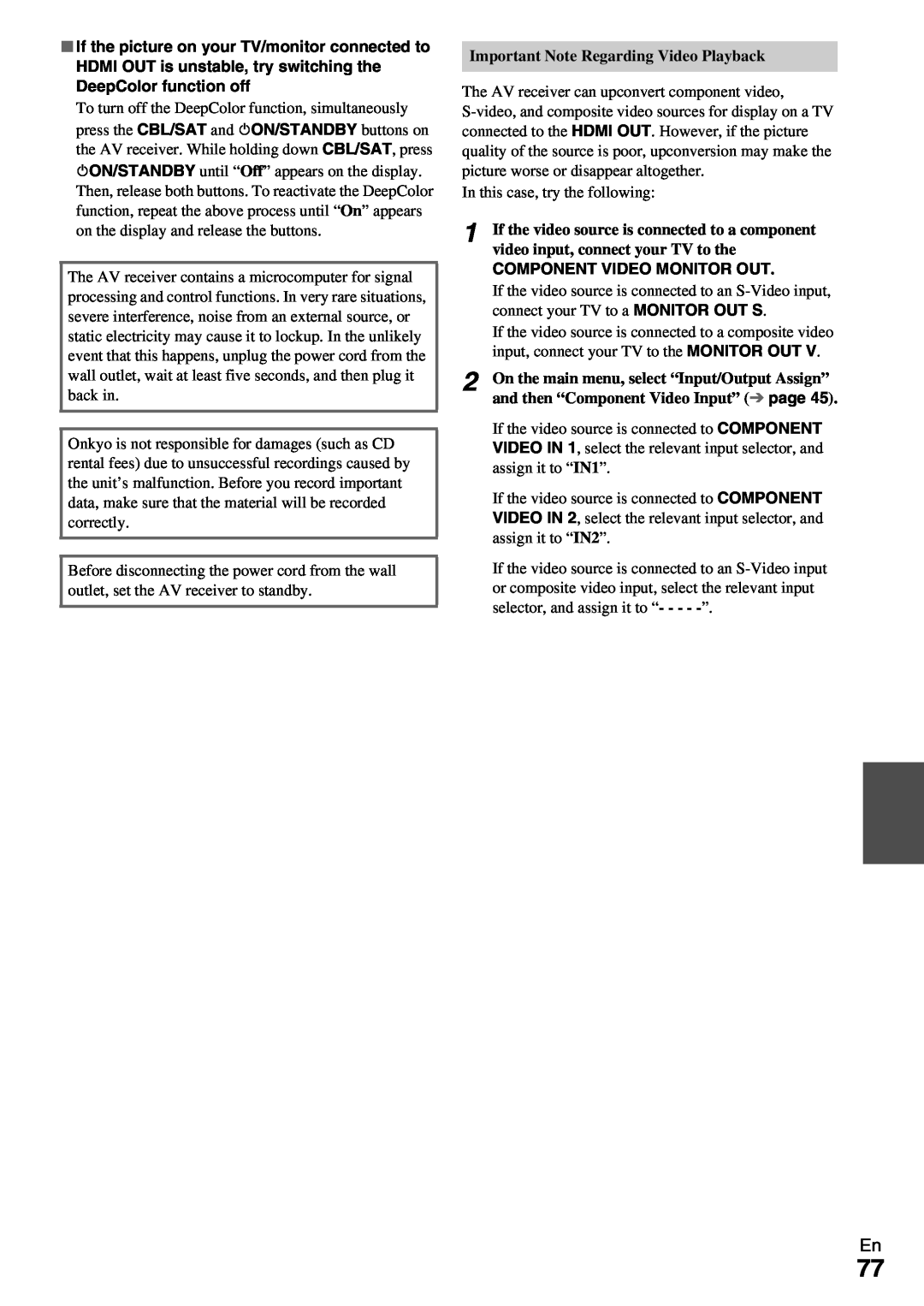 Onkyo HT-RC370 instruction manual Important Note Regarding Video Playback, Component Video Monitor Out 