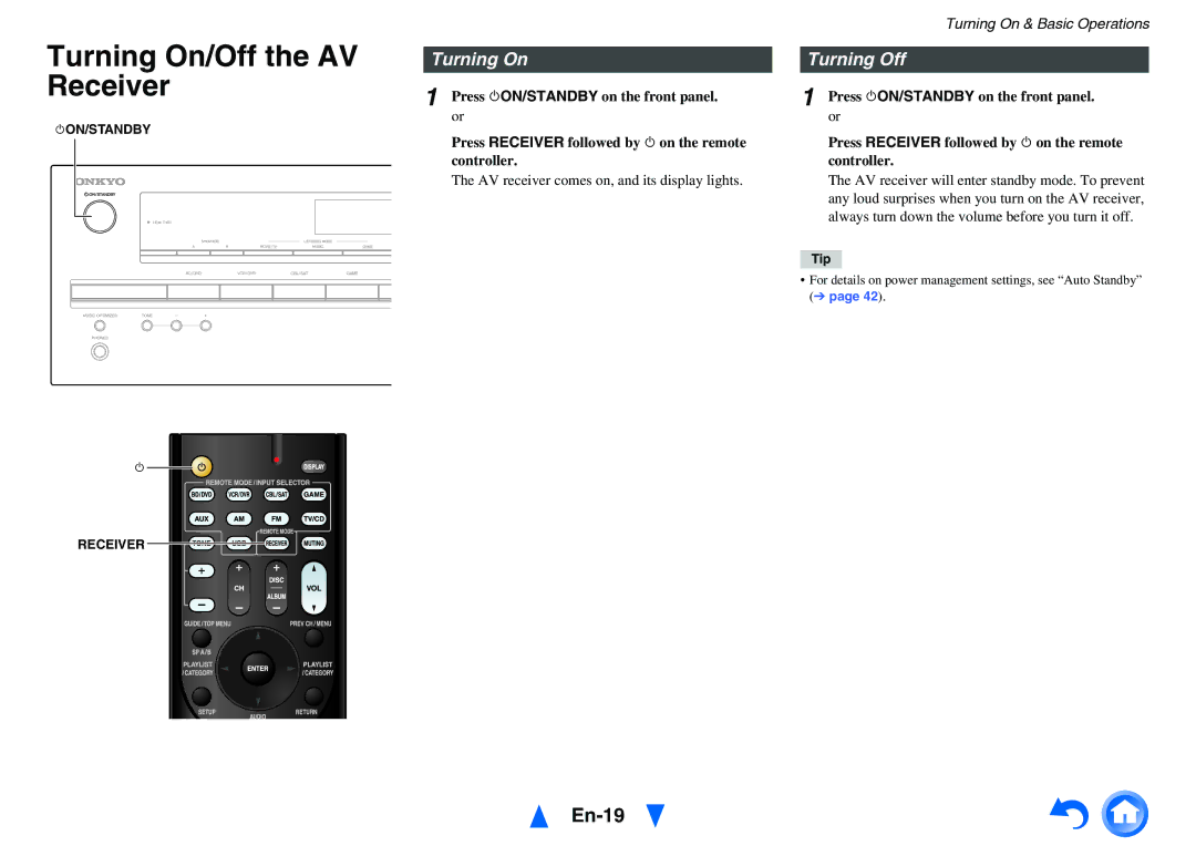 Onkyo HT-RC430 instruction manual Turning On/Off the AV Receiver, En-19, Turning On Turning Off 