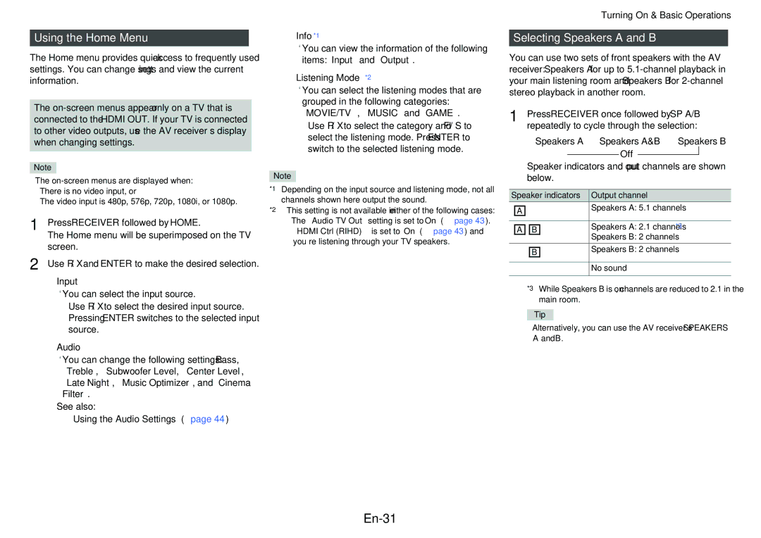 Onkyo HT-RC430 instruction manual En-31, Using the Home Menu, Selecting Speakers a and B 