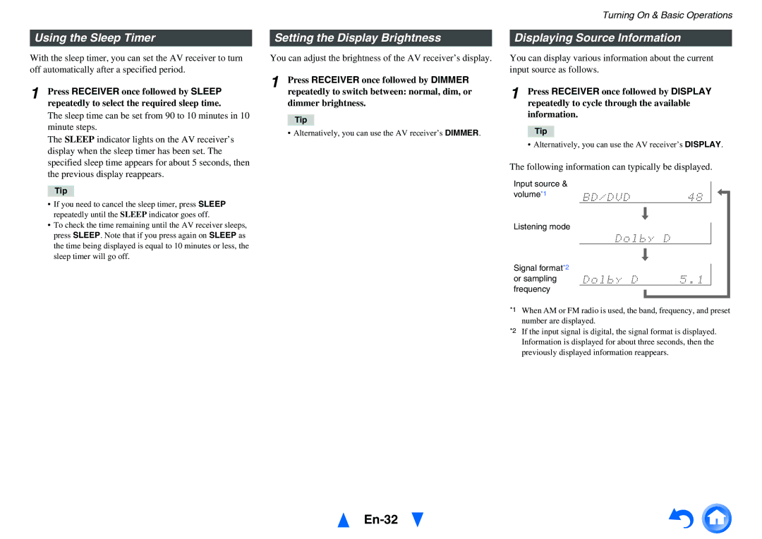 Onkyo HT-RC430 En-32, Using the Sleep Timer, Setting the Display Brightness, Displaying Source Information 