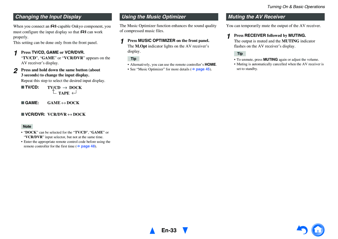 Onkyo HT-RC430 instruction manual En-33, Changing the Input Display, Using the Music Optimizer, Muting the AV Receiver 